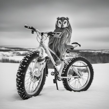 excited owl biking frozen tundra monochrome, sad panda exploring floating island quirky