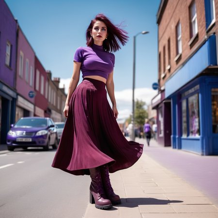 Cinematic photograph. Woman wearing a long burgundy skirt and purple top and chunky boots with very long eyelashes. Vivid colour. Extremely interesting street scene with blue sky. <lora:eyelashes:1>