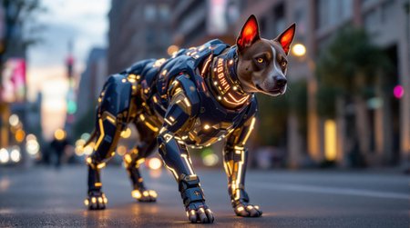 facing camera, beautiful dog's head, on a navy blue cyborg dog's body with gold trim, face and eyes and neck are normal, neon lights outline legs and body, bright studio lights are lighting face, walking down a city street on all four paws, at dusk, sun is behind but not visible