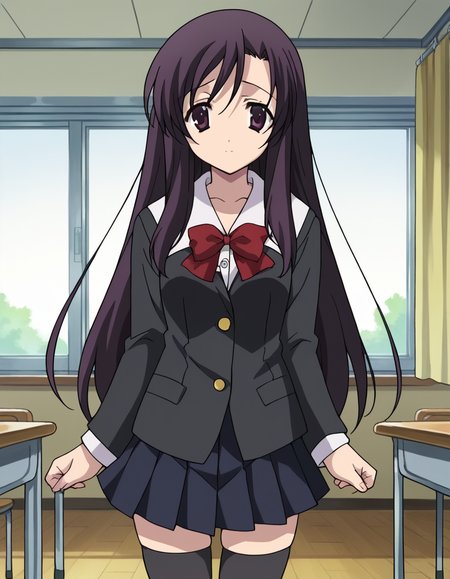 score_9, score_8_up, score_7_up, source_anime,
kotonohakatsura, <lora:kotonoha-katsura-ponyxl-lora-nochekaiser:1>,
kotonoha katsura, purple eyes, black hair, long hair,
black thighhighs, bow, red bow, school uniform, skirt, thighhighs, zettai ryouiki,
indoors, classroom,
looking at viewer, cowboy shot,