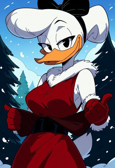 score_9, score_8_up, score_7_up, score_6_up, best quality, highres, source_furry, masterpiece, BREAK ppp BREAK
female, daisy, duck, beak, white skin, white body, white hair, black eyes, breasts, hair bun, centered hair bow,1girl, gloves, furry female, furry, dress, solo, smile, red dress, snow, outdoors,black eyes, fur-trimmed dress, fur-trimmed gloves, snowing, fur trim, breasts, christmas, standing, medium breasts, sleeveless, looking at viewer, tree, sleeveless dress, red gloves, half-closed eyes, happy, closed mouth, pine tree, orange dress
<lora:Drockdraw_Style:0.7>  <lora:Daisy_Duck3:0.9>