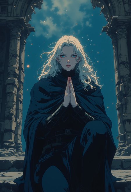 full body shot, masterpiece, best quality, elf, vampire hunter, dark blue layered clothing, dark blue cloak, 1man, extremely beautiful, handsome, Long white wavy hair, white eyelashes, blue eyes, red pupils, slender body, model pose, tall, perfect composition, kneeling, praying, confused, closed eyes, confused, man, albino, closed his eyes, hair between eyes, ruins of the old temple, white skin, Light from above, fireflies