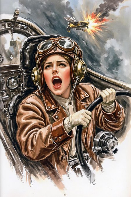 hafisher1 illustration. 
A female pilot screaming inside the cockpit of a World War II bomber. The pilot, wearing a vintage leather flight helmet with goggles and a bomber jacket, grips the controls with white-knuckled hands. Her face is contorted in a mix of fear and determination as she yells, her eyes wide with adrenaline. The cockpit is cramped and filled with old-fashioned dials and gauges, with the outside view showing dark stormy clouds and distant anti-aircraft fire
 <lora:hafisher1_cap_d6a3e12:1.0><lora:829872138107283889:0>