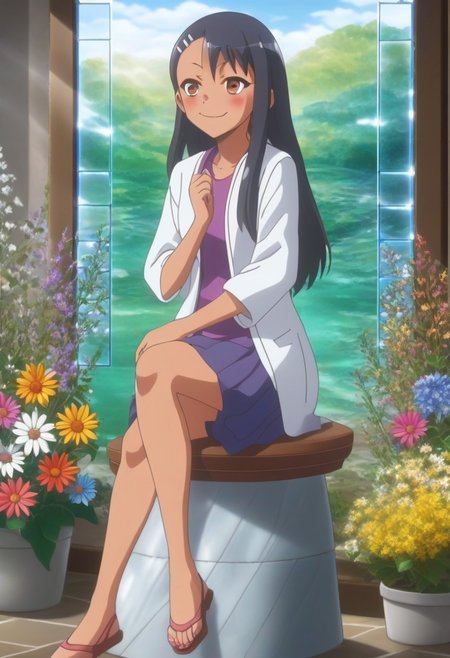 8k, score_9, score_8_up, score_7_up,
masterpiece,Anime style,ultra detailed, vibrant colors,
<lora:novuschroma54 style:0.9> novuschroma54 style,
1girl, Nagatoro_Hayase, playful_pose, medium_angle, Nagatoro sitting_on_a_rustic_stool_surrounded_by_glass_flowers, soft_smile, glass_petal_reflections, folk_art_patterns_in_background, vibrant_stained_glass_effect, sunlight_passing_through_glass