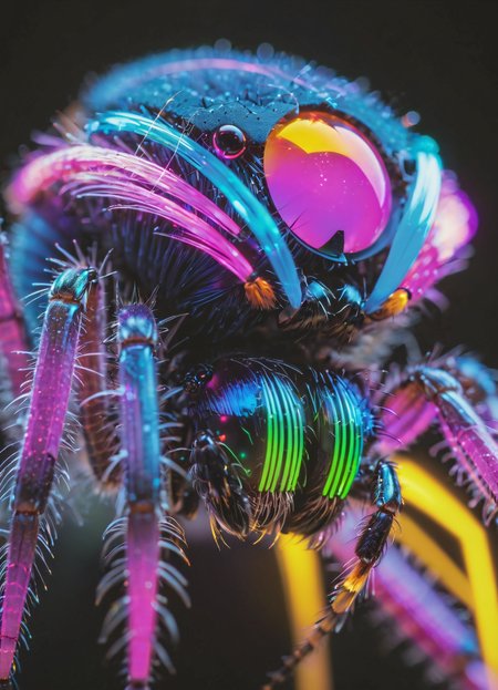 Ombre color scheme of neon pink, neon blue, neon yellow, neon green, neon orange, Macro Photography, futuristic electro-optical (((microchip))) implanted on (Spider:1.1) (head:1.1) with optical luminescent fibers, dramatic lighting, macro photo (art by Sergio Lopez, Cory Arcangel & Ellen Jewett)