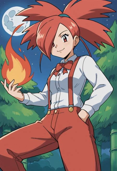 score_7_up, score_8_up, score_9_up, BREAK, pmflannery, red hair, ponytail, bangs, hair over one eye, red eyes, smug expression, fujiwara no mokou (cosplay), hair bow, white dress shirt, long sleeves, suspenders, red pants, one hand in pocket, holding fire, solo, low angle, bamboo forest, night sky, full moon, (fire), verybadimagenegative_v1.3