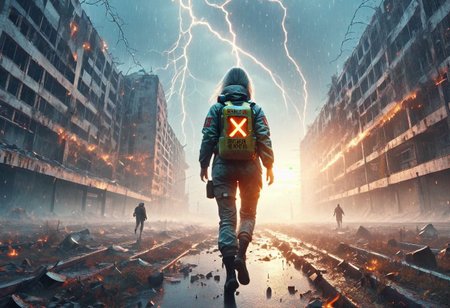 Chernobyl disaster, The nuclear power plant was destroyed after the explosion , Intercontinental ballistic missile Nuclear weapon, Russian alphabet, Apocalypse,girl,  fire,  glowing x, minimalist short outfit, anti social , running, falling snow, cyberpunk ruined ancient city, intricate details,8k post production, faithful, Religious denomination, cinematic color