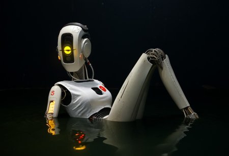 DVD still from 1981 dark fantasy sci-fi film 'Portal 2 ', Glados awakens, robot woman laying in the water, half-submerged, secret lab, robot, android, animatronic, robot joints, glowing eye, ultra realistic, intricate details, Aperture science, eerie, 1981, (((Abandonned, submechanaphobia, spaceflight)))