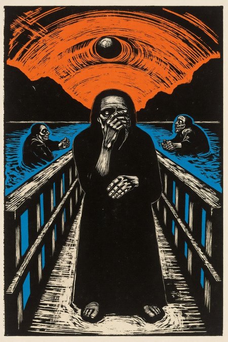 kako1 black and white woodcut print. A figure standing on a wooden bridge, clutching their face in despair, with a backdrop of swirling, fiery orange skies and deep blue water. The figure's skeletal, distorted form conveys a sense of anxiety and existential dread, emphasized by their wide, hollow eyes and open mouth. The bridge extends diagonally into the composition, framed by two shadowy figures in the background and fjord-like landforms in the distance. The overall scene is dynamic, with bold, swirling strokes and vibrant, contrasting colors creating an atmosphere of emotional turbulence,   <lora:kako3_woodcut_cap_d6a3e11:1.0><lora:817653239618006173:0>