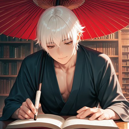 masterpiece, best quality, amazing quality, absurdres, newest, detailed background, definition so sharp, Ultra-HD, 8K cinematic, very awa, impressionate, amazing quality, highres, 
solo, male focus, manly, 
yashiroisana, 1boy, short hair, bangs, shiro_white hair, shiro_brown eyes, oil-paper umbrella, seated, reading a book, calm expression, slight smile, aesthetic, library, soft light, bookshelves, peaceful, joyful, gentle
