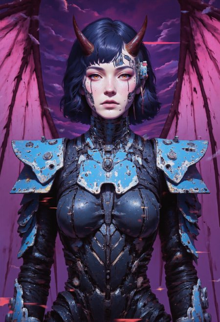 gl1tchc0re, glitch reality,,  glitched digital painting depicting a fantasy cyberpunk warrior with demonic features. laser monocle, in a electron city. The subject is a female warrior with short, dark hair, sharp, pointed horns on her head, and large, bat-like wings with red membranes and dark veins. She wears ornate, blue and silver (((cybernetic armor))) with intricate designs, including a cybernetic chest plate, shoulder guards, and laser gauntlets. Her body suit features a mix of (((black latex))) and sci-fi metal, with a flowing, dark blue 
 (((digital))) cloak that billows behind her. cybernetic landscape., Bold, iconic, dynamic, dramatic, complex background, gorgeous, extremely intricate details. ((Styled by Katsuhiro Otomo, dark purple triangle., ((Synthwave)) , abstract lines , (minimalism ), ray tracing details in the style of Stephen Gammell)).