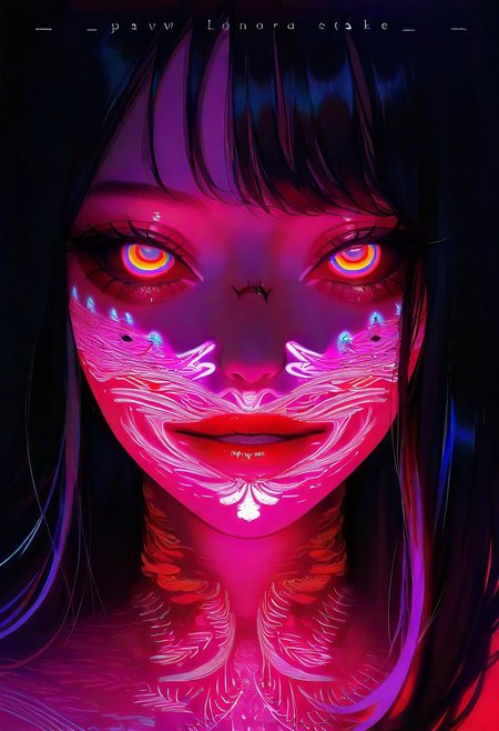masterpiece, best quality, good quality, very aesthetic, absurdres, newest, 1girl, solo, looking_at_viewer, black_hair, 1boy, text, orange_eyes, lips, colored_skin, portrait, close-up, colored_sclera, red_lips, stitches, body_writing, horror_\(theme\), eye_focus, stitched_face, limited palette, sketch, glowing, psychedelic, Dutch Angle, <lora:ponyv5_noobE11_1_adamW-000013:0.7> <lora:USNR_STYLE_XL_lokr:1> <lora:Navi_LustStrokes_IL:1>