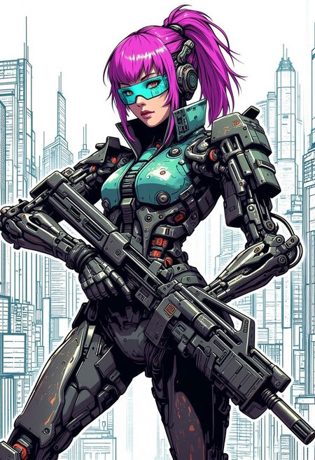 mad-cbrpnksplshrt full of details but with faded outlines, neon ultraviolet hair cyborg girl soldier in combat armor with one robotic arm and one robotic leg holding a pulse rifle, and beautiful sketch of new york city disintegrating into the matrix behind, best quality, sharp image,