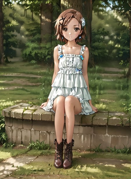 score_9, score_8_up, score_7_up, 1girl, 
<lora:BT_Ruffle_Mini_Dress_Pony:0.7> btrufmidr, ruffle, mini, dress,
beautiful girl, <lora:Brutal-ish_boots:0.1> lace-up boots, shoes, shoelaces, ankle boots, boots, sitting, thighhighs,
<lora:Kurashima_Chiyuri:0.7> 1girl, brown hair, brown eyes,  
Background: Outdoor Park,
soft features, best quality, masterpiece,