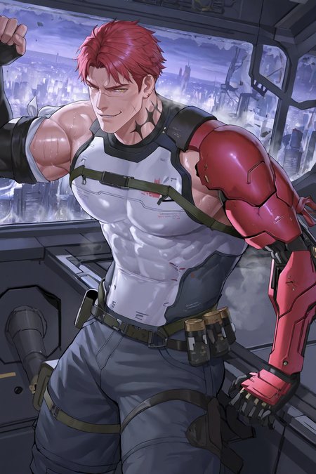 cowboy shot, bara, solo, 1boy, short hair, ntspgr, red hair, yellow eyes, scar on face, neck tattoo, looking at viewer, manly smirk,
BREAK, 
indoors, windows, futuristic, science fiction, cityscape through windows, scenery, 
BREAK,
muscular male, white shirt, sleeveless armor, chest belt, elbow gloves, fingerless gloves, single arm bondage, arm tattoo, arm support, leaning against windows, leaning to the side, single mechanical arm, steaming body, smell, sweat,
BREAK, 
, dynamic, cinematic, very awa, masterpiece, best quality, absurdres, newest, perfect quality, detailed background, intricate details, shiny skin, (artist: arkapami: 1.2), zawar379, dainyyu \(dgls\)