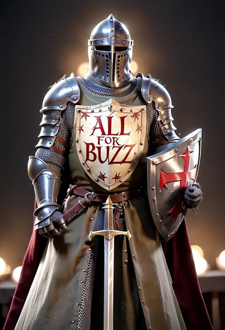A knight holding a banner sign that says ("All for Buzz"),  text logo, sinfully stylish, shadows, soft light,1boy, solo, knight, crusader helmet, great helm, chainmail, t3mpl4rcloak, t3mpl4rtunic, dramatic lighting,  medieval armour, Templar Shield facing front, Shield Blocking arrows flying, perfect hands, gauntlets, chain mail, boots,  knight facing front, battlefield background. (best quality, hires textures, high detail:1), (4k),(incredibly detailed:1),UHD, 8K, ultra