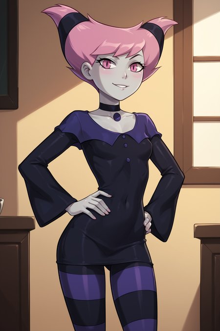 PonyXLV6_Scores BREAK ((parody), perfect anatomy, perfect eyes, cowboy shot), <lora:add_details_xl:0.8> BREAK <lora:Jinx:0.8> aline haiden, colored skin, grey skin, short hair, pink hair, twintails, pink eyes, flirting, raised eyebrow, ((looking at viewer)), choker, dress, bodysuit, long sleeves, striped pantyhose, small breasts, petite, curvy, toned, athletic, standing, sexually suggestive pose, hands on hip, indoors