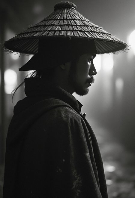 gritty black and white snapshot of samurai wearing a round Japanese straw hat, profile shot