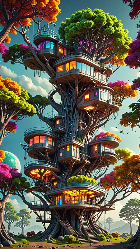 futuristic tree house, alien trees,   high quality,8 k, masterpiece, vivid colors, dramatic lighting <lora:addMoreDetails:1> Ultra details++,add more details