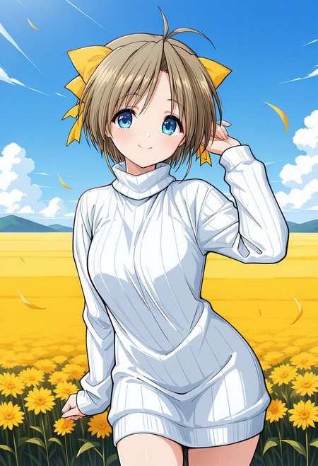 katase_yuki, blue eyes, brown hair, short hair, antenna hair, hair bow, yellow bow, white sweater, sweater dress, ribbed sweater, turtleneck, long sleeves, <lora:katase_yuki_illustrious_ver1:0.8> 
smile, 1girl, solo, (field:1.2), (blue sky:1.2), looking at viewer,, masterpiece, best quality, general,, (cowboy shot, dynamic pose:1.4),