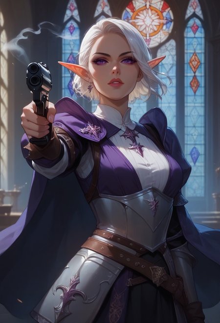 score_9, score_8_up, score_7_up, 8k, portrait, upper body, concept art twilight, vintage illustration,
1girl, solo, (elf:1.4),  white hair, purple eyes,
dynamic pose, medieval, heavy armor, plate armor, purple cape,   in a cathedral, gothic stained glass windows, beautifully backlit, depth of field:1.5, indirect lighting:1.3, high contrast shadows, dramatic shadows across face:1.2, cinematic lighting on face, cowboy hat, (pointing shotgun at viewer:1.6), cigarette, smoke
