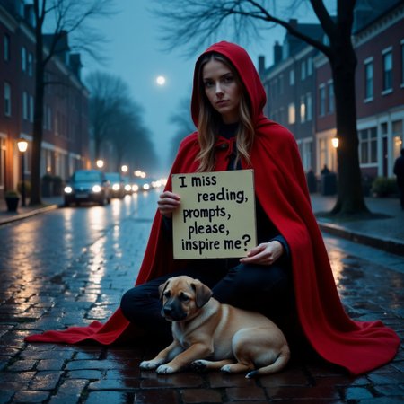 A lady wearing a bright red  cape with hood covering her head casting a shadow on her face, long smooth hair, sitting on the street in the rain, she holds a hand written sign with the text "I miss reading prompts, please, inspire me?",  her body is reflected on the wet shiny dutch bricks of the street, it is late at night, the moon illuminates the street softly, blue hues only. A puppy sleeps by her side