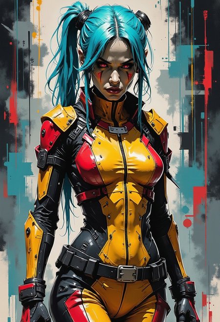 d4rkc0mic, a cybernetic female warrior, neon blue hair, red and yellow bodysuit, chiascuro, red glowing eyes, abstract dark cyberpunk background