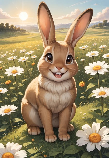 masterpiece, score_9_up, score_8_up, score_7_up, score_6_up, rating_save, (best quality:1.1), ultra-detailed, high resolution, solo, highly detailed macro illustration BREAK peter rabbit, feral rabbit, buck teeth, (beautiful brow eyes), animal nose, rabbit ears, (happy expression, cute face:1.3) BREAK close-up, field, flower print van in background, sitting, open sky, looking at viewer, from above, Heavy outline, setting sun, evening BREAK Highly Visible, (8k), sharp focus, perfect lighting, anatomically correct, extremely detailed, muted colors, high detail, serene setting, Expressiveh, detailed background, OverallDetail, Expressiveh, zPDXL3