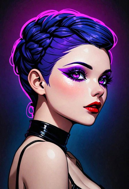 neo noir style portrait of a beautiful woman painted on wall with light, stunning beauty, soft light, pastel colors ,black and purple hair, dark punk, heavy makeup, line art, postmodernism, neo noir,   simple background, glowing lips, lips closed, light smile, masterpiece, natural style,  braided mohawk,, realistic and detailed eyes, beautiful eyes, amazing eyes,kawaii makeup dark makeup, nerd, red glowing lips, bangs,