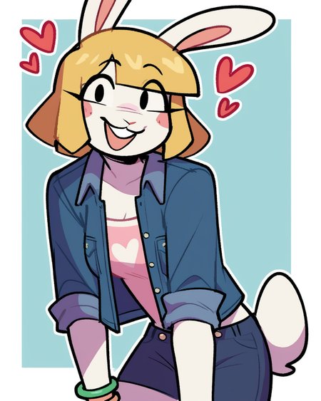 score_9_up, score_8_up, score_7_up, score_6_up, furry female, by remanedur, half-length portrait, female, furry, rabbit, rabbit ears, black eyes, hearts around head,  open smile, <3,  leaning forward,  blue jean jacket, open jacket, shirt, bracelet, shorts, blonde hair, short hair, tail, medium breasts, looking at viewer, happy, head tilt, solo, three-quarter view, simple background, white outline, <lora:Leah_Pines(AIM)_XL_v1:0.15> <lora:PDXL_artist_tags_v2_big:0.5> <lora:The-Minuscule-Task_PDXL_v1.0:0.6>  <lora:Kami_Soto_pollenpvtch:0.7>