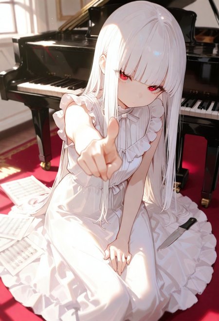 masterpiece, best quality, good quality, newest, highres, absurdres, volumetric lighting, gradient color,
BREAK
1 girl, white hair, red eyes, long hair, 
detailed background, cute girl, holding knife, pointing knife at viewer, depth of field foreshortening,
BREAK
delicate dress, very long hair, sitting, full_body, white_hair, indoors, blunt_bangs, white_dress, sleeveless_dress, frilled_dress, long_dress, piano, hands_on_lap, sheet_music, grand_piano, looking_at_viewer, bloom, light rays,