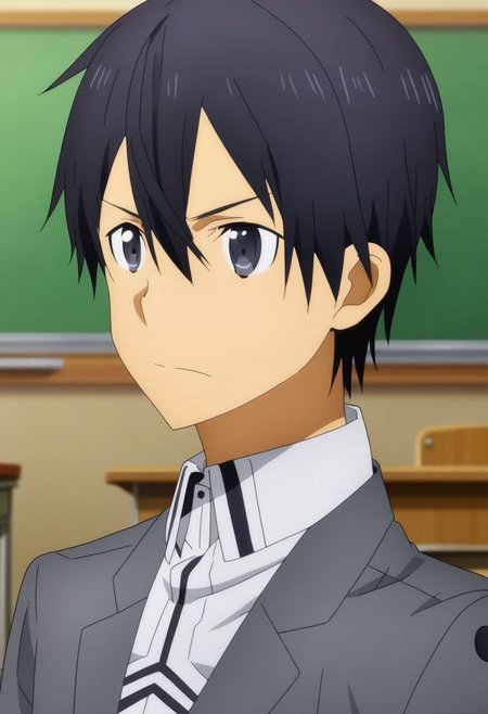 high resolution, professional photography, solo, best quality, 1Boy, Kazuto Kirigaya, Black Hair, Black Eyes, classroom, school, school uniform, OverallDetail