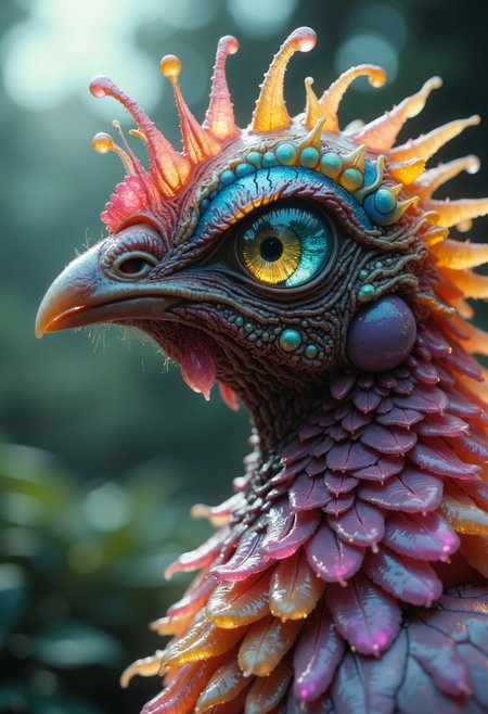 cinematic film still Ombre color scheme of neon colors: pink, yellow, purple:
a monster fusion of an (chicken:1.5) made out of b10t4c34an, iridescent exoskeleton, (outdoors on a farm:1.5) . shallow depth of field, vignette, highly detailed, high budget, bokeh, cinemascope, moody, epic, gorgeous, film grain, grainy