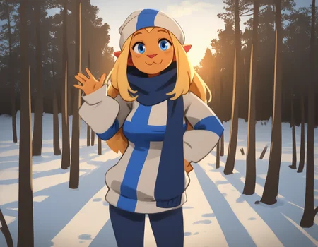 (artist: khyle.:1),
masterpiece, best quality, newest, absurdres, highres, detailed background,
detailed background, outdoors, forest, sunrise, winter, snow,
1girl, solo, mimmisuomi,
blonde hair, long hair, sidelocks, large breasts, blue eyes,
standing, sweater, flag print, finnish flag, yoga pants, straight-on, looking at viewer, :3, blue scarf, beanie, hand on own hip, cowboy shot, waving, 
<lora:mimmi 2550 steps:1>