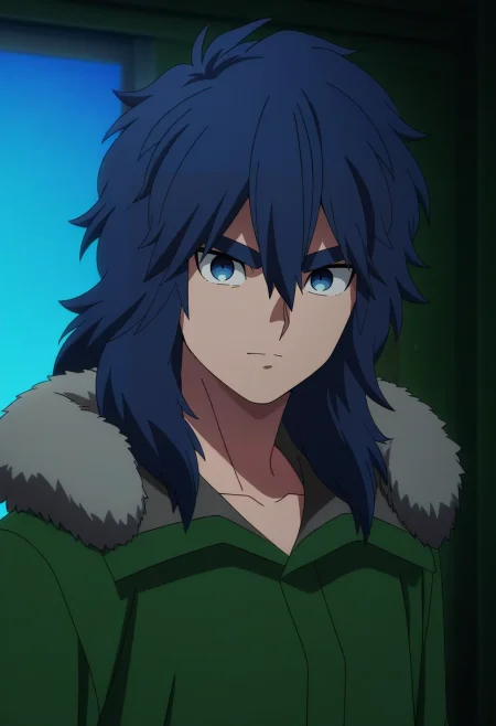 masterpiece, best quality, , anime screencap, , official style, looking at viewer, 1boy, solo, male focus, <lora:yui_kemono_jihen_ilxl:1>, yui_kemono_jihen, blue hair, blue eyes, long hair, hair between eyes, bangs, thick eyebrows, green coat, fur trim, ,