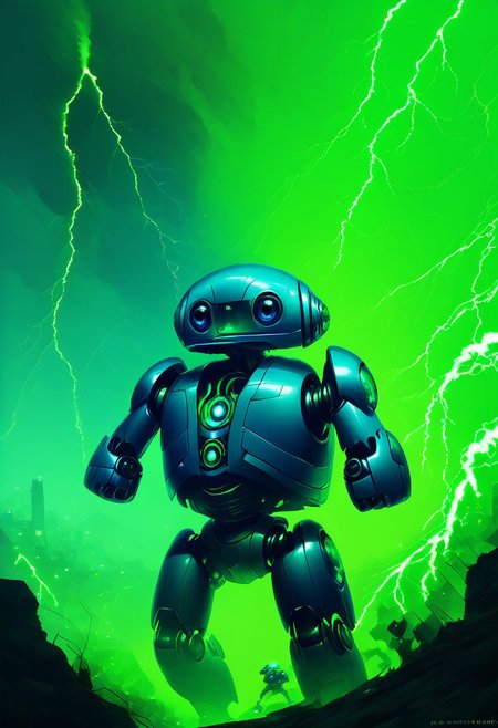 score_9, score_8_up, score_7_up, 
Necron, green glow, green lightning, 
CivBot, blue eyes, sky, cloud, no humans, glowing, star, science fiction, fist, clenched fist, radio antenna, cowboy shot, blue robot,