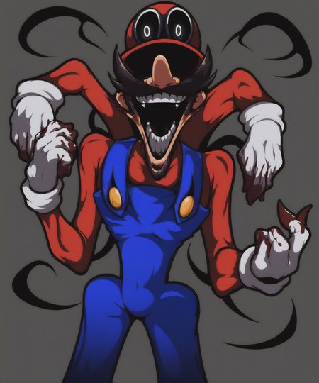 <lora:Ultra_M_FNF_Mario_Madness_v2_PONY_XL_by_Mlaofmd>, <lora:StS_detail_slider_v1:4.0>score_9, score_8_up, score_7_up, 1boy, solo, looking at viewer, low-angle view, ultra m, looking at viewer, hat, facial hair, black sclera, white pupils, white gloves, overalls, (forest background,)