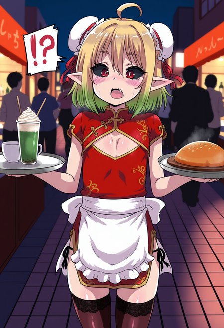 solo, 1boy, trap, flat chest,pointed ears, small eyes, black sclera, red eyes, bob hair, ((blonde hair), green hair, gradient hair), skinny,
chinese clothes, bun cover, double bun, thighhighs, fang, china dress, apron, ahoge, waitress, cleavage cutout,
tray,blush, open mouth, holding tray, !?,
street, night, crowded, cafe,
 masterpiece,best quality,amazing quality,
 <lora:NikuyakiIL-style:1>,nikuyakistyle,