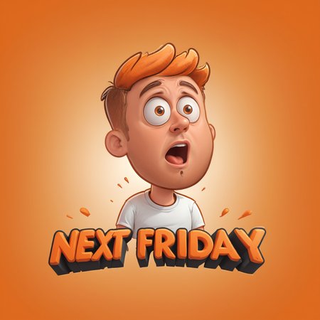 <lora:Web_Cartoon:0.8> cute, "Next Friday" text logo, a shocked man has his mind blown, 3d orange text, outline, professional graphics, vector art, simple background <lora:dvr-ftl:0.8>