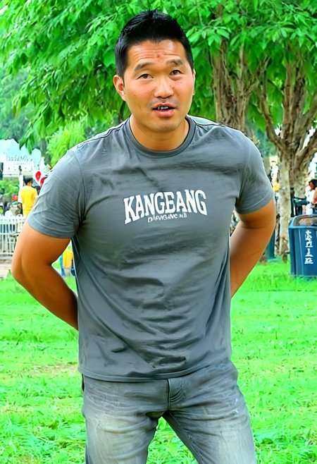 (((htkangface))), daddy,  natural face expression, (((detailed HtKangface))), fixed htKangface Photorealistic, realistic, masterpiece, intricate details, detailed background, depth of field, photo of a handsome, dynamic pose, natural face expression, (((looking at viewer))), high detail, high quality, male focus,  ((T-shirt)), ((pants)), ((park background))
