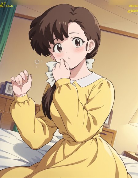 score_9, score_8_up, score_7_up, source_anime, <lora:kasumi-tendou-leak-ponyxl-lora-nochekaiser:1>, kasumi tendou, long hair, hair bow, bangs, hair over shoulders, brown hair, brown eyes, white bow,, long sleeves, dress, yellow dress,, indoors, bed, bed room, on side, blush, drunk, looking at viewer, solo,, cowboy shot, dutch angle