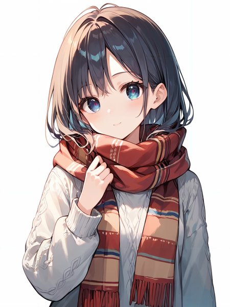 score_9, score_8_up, score_7_up,source_anime, high res image,masterpiece,best quality,(girl:1.0),cute face,clear skin,shiny hair,ultra detailed eyes,simple background, <lora:scarf_pony_V1.0:0.7> scarf, sweater