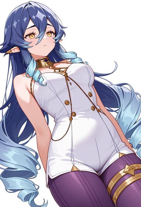 masterpiece,high quality details, absurdres,
 <lora:Layla:0.8>
layla_cnr, 1girl, blue hair,very long hair, twin drills, drill locks, pointy ears, yellow eyes, hair between eyes, sidelocks,medium breasts,, simple background, white background, dutch angle,solo,, pout,light smile,, anorak  ,double-breasted,cutoff shorts,  ,purple pantyhose,