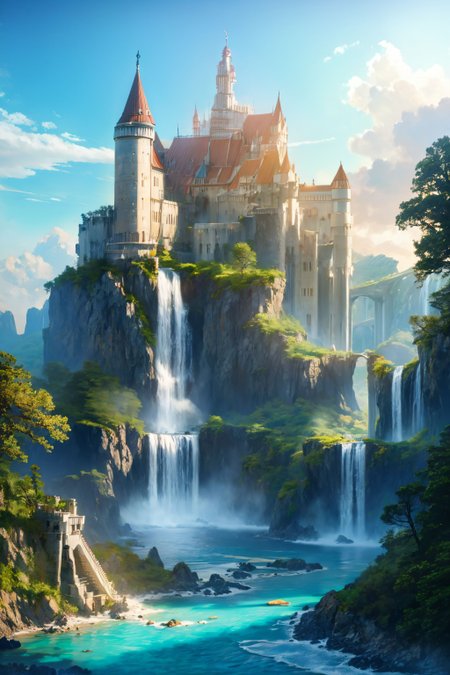 adult woman walking, solo, long white hair, high ponytail, aquamarine eyes, parted lips, freckles, full body, 4k highly detailed,  <lora:FantasyLandscape:1> fanlan, sky, noon, castle on a cliff, waterfall, river <lora:add_detail:0.75>