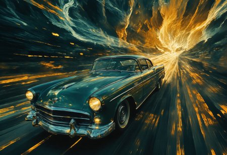 A sleek, shiny vintage car roars down a desolate highway, its form a silhouette against the breaking dawn. The road stretches endlessly, glowing with streaks of deep cobalt, vibrant gold, and shimmering teal that bleed into the sky, casting an ethereal glow over the surreal landscape. Directional light from the rising sun creates sharp contrasts, highlighting the swirling mist that clings to the ground and refracting into shimmering light particles suspended in the air.
The car’s headlights blaze through the haze, their beams carving bright trails that dissolve into the motion blur of its overdrive pace. The close-up view captures the car’s polished surface in exquisite detail, its chrome accents reflecting a kaleidoscope of shifting hues as if alive with energy. The road below blurs into streaks of motion lines, adding a visceral sense of speed and urgency, while the elongated shadows of the car dance across the cracked asphalt.
Above, the sky churns with vivid, surreal hues, swirling like molten glass, creating a striking juxtaposition against the gothic emptiness of the road. The haunting beauty of the dawn evokes a sense of transition—both an ending and a beginning—while the image’s vibrant colors and dynamic perspective immerse the viewer in a cinematic moment of raw, unrelenting motion.The entire scene exudes symbolism—speed, freedom, and the fleeting passage of time. The motion and vivid colors pull the viewer into a dreamlike, cinematic moment frozen in time.