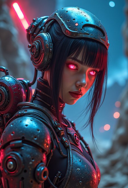 Detailed, masterpiece, professional, bold colors, neon color scheme, cybernetics, awe inspiring, photography inspired by Jeremy Mann, 30mm shot, HDR, female cyborg, mechanical arm, humanoid, ancient technology mixed with steampunk, mesmerizing eyes, clear acrylic body panels, internal circuitry, holding laser pickaxe, mining on an asteroid, space backdrop