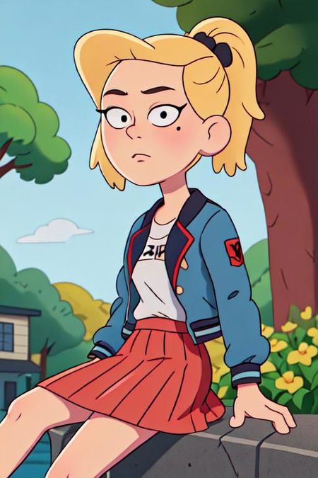 sasha_waybright, 1girl, solo, looking at viewer, black eyes, dot pupils, single mole under eye, blonde hair, ponytail, gray shirt, red skirt, blue jacket, outdoors, sitting, masterpiece, exposed