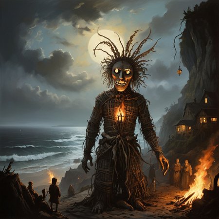 DonMn1ghtm4reXL, stephen gammell (artist), chiaroscuro, low-key,  great lighting, corcoc3s, c3s,(Folk rural horror:1.5), (isolated island community:1.3), (massive wicker man structure:1.5), (twilight scene on coastal cliff:1.2), (jubilant villagers dancing:1.4), (pagan ritual atmosphere:1.3), (protagonist peeking out from wicker man's gaps:1.4), (flickering torches illuminating scene:1.2), (ominous bonfire preparations:1.3), (traditional folk costumes with unsettling masks:1.4), (contrast between festive mood and impending doom:1.5), (Celtic-inspired designs on wicker man:1.2), (stormy sea in background:1.1), oil painting technique, hyper-detailed, 8k resolution, (Edward Burra meets Thomas Hart Benton style:1.4), unsettling warm light from flames, (sense of inescapable fate:1.3), (blurred line between celebration and cruelty:1.4), photorealistic textures, (oppressive inevitability:1.3), (implicit threat in joyful faces:1.4), (foreboding atmosphere despite festivities:1.5), (implied danger rather than explicit content:1.4)