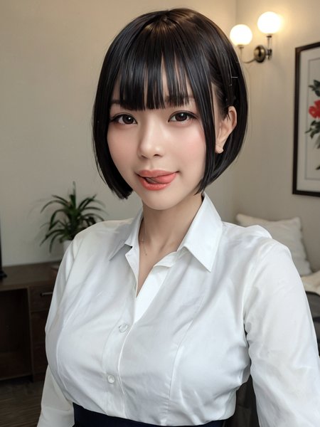 score_9, score_8_up, score_7_up, Hight detail RAW color photo, professional photograph,
(Composition from the waist up:1.5),
Beautiful Japanese Girl, Bobcut with bangs, Puffy face,
sticking out side tongue, Licking lips,
White collared blouse, Illuminated hotel room,  peromilk,<lora:peromilk:1:1:lbw=0,0,0,0,0,0,1,1,1,0,0,0>