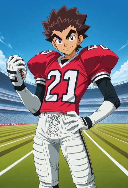 Yaoi figure PVC, PVC boy, PVC texture, male, High Quality, perfect anatomy, HD, anime style, break
TAROU RAIMON, 1boy, alone, brown hair,  thick eyebrows, dark brown eyes, athletic build, smiling, posing, looking at viewer, football uniform, tight uniform, red and white uniform, football field